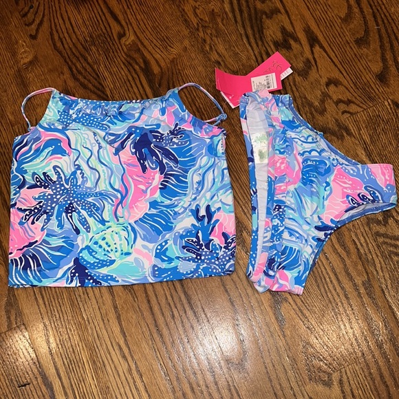 LILLY PULITZER Emiko Tankini Saltwater Blue Shade Seekers UPF 50 Ruffle Swimsuit - Picture 4 of 12
